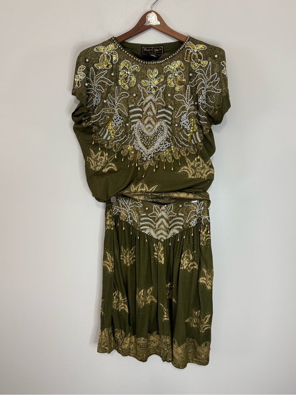 Bali Chic Vintage Boho Beaded Olive Green Two-Piece short Set size 12